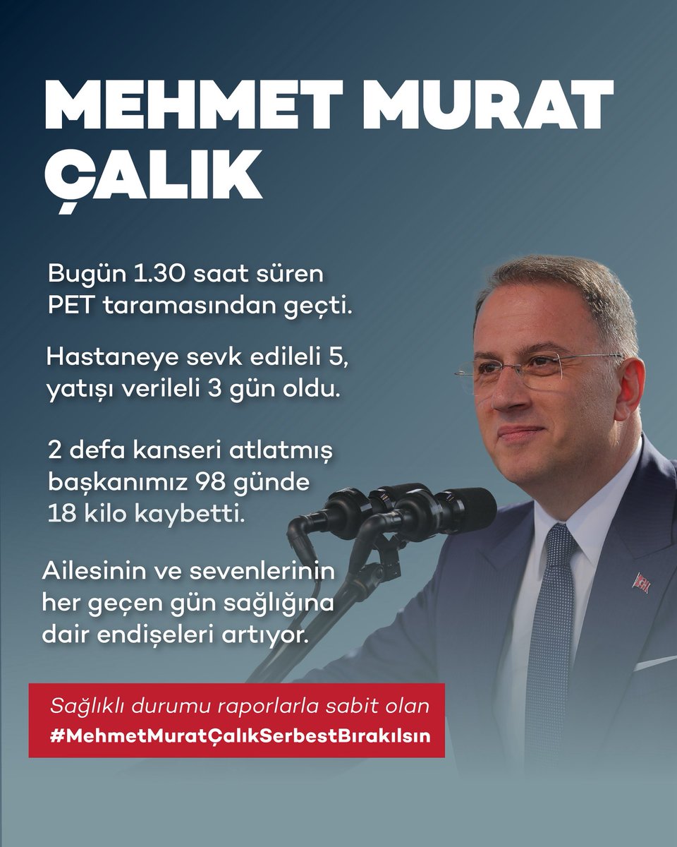 Mehmet Murat Çalık bugün 1.30 saat süren PET taramasından geçti.

Hastaneye sevk edileli 5, yatışı verileli 3 gün oldu.

2 defa kanseri atlatmış başkanımız 98 günde 18 kilo kaybetti. Ailesinin ve sevenlerinin her geçen gün sağlığına dair endişeleri artıyor.

Sağlıklı durumu