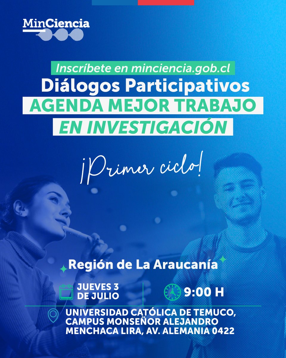 💬 ¡Llegan los Diálogos Participativos a La Araucanía!
Buscamos construir mejores condiciones laborales para quienes investigan en Chile 🧑‍🔬👩‍🔬
Jue 3 julio |  9:00 hrs.
📍 UC Temuco, Campus Monseñor Alejandro Menchaca Lira, Av. Alemania 0422.
🔗 Inscríbete: bit.ly/MejorTrabajoIn…