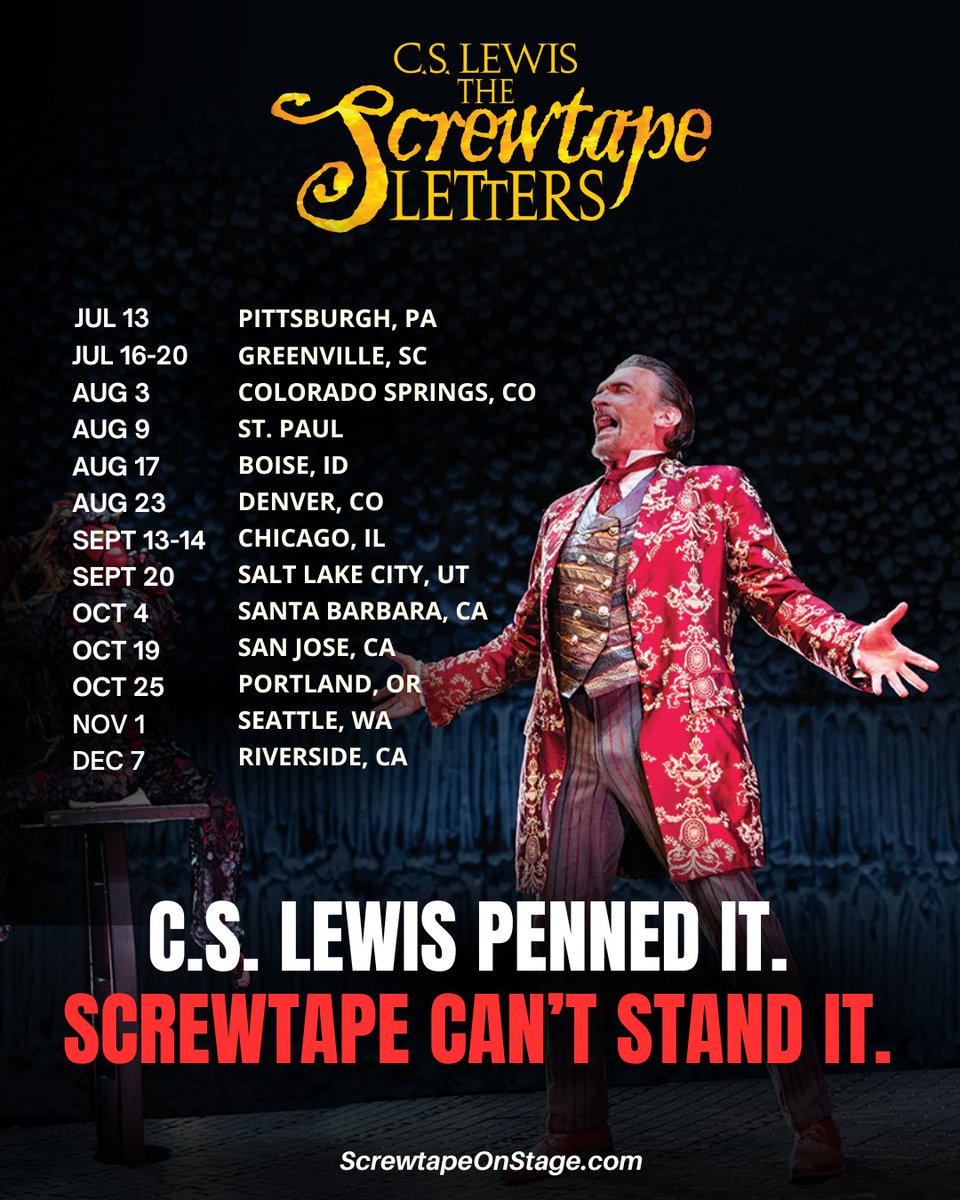 Know someone near one of these cities? Tag them — they won’t want to miss C.S. Lewis' THE SCREWTAPE LETTERS! Tour dates here: bit.ly/4aUo4g5