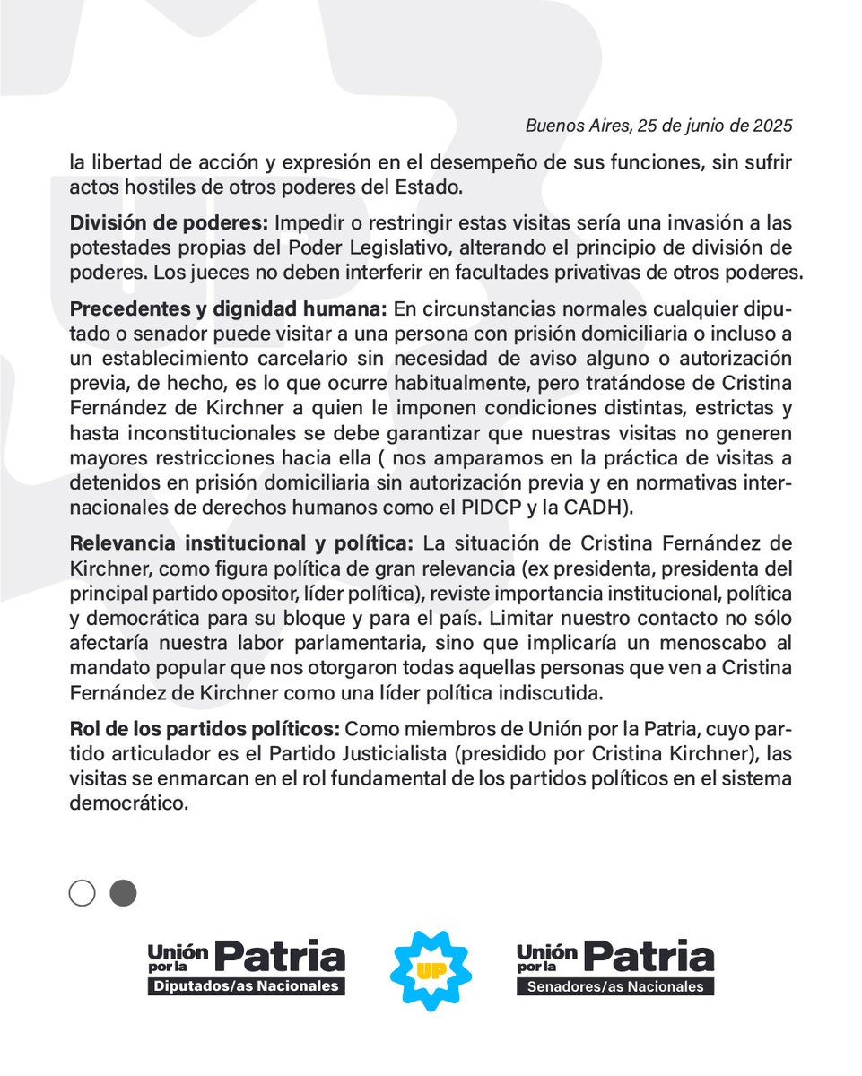 #COMUNICADO •  Diputados/as y Senadores/as Nacionales de Unión por la Patria notificaron a la justicia su derecho a visitar a Cristina Fernández de Kirchner sin restricciones.

⬇️
