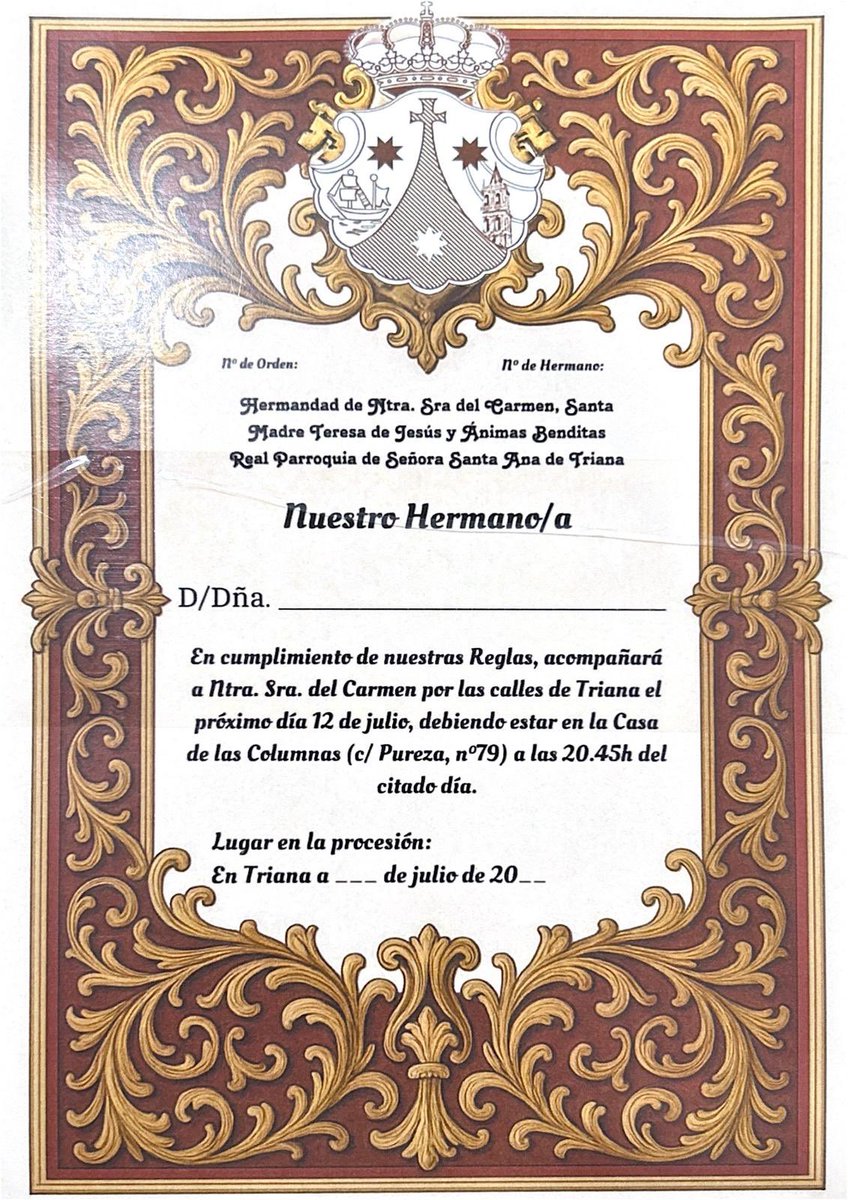 PAPELETA DE SITIO

Durante los días de Triduo podrá adquirirse la papeleta de sitio para acompañar a la Stma. Virgen del Carmen el próximo 12 de julio por las calles de Triana

Asimismo, durante los días 8 y 10 de julio, podrá seguir abonándose en la Casa de Hdad. Donativo: 10€