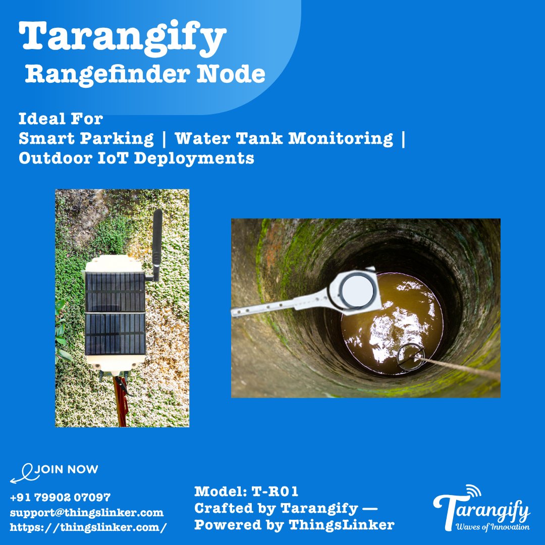 ChetanM850's tweet photo. Introducing the Tarangify Rangefinder Node — Your solution for Smart Parking, Tank Monitoring &amp; Outdoor IoT!

✅LoRa (15 km)
✅Ultrasonic Sensor (600 mm)
✅Solar + 6000mAh LiFePO₄
✅Rugged &amp; Weatherproof

🌐 https://t.co/GswxE5jyX9
📧 support@thingslinker.com https://t.co/45Pcj9w5VL