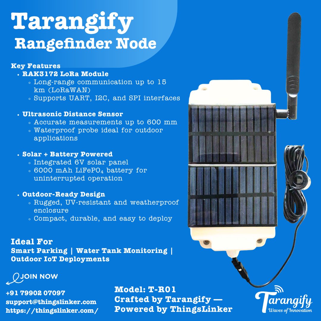 ChetanM850's tweet photo. Introducing the Tarangify Rangefinder Node — Your solution for Smart Parking, Tank Monitoring &amp; Outdoor IoT!

✅LoRa (15 km)
✅Ultrasonic Sensor (600 mm)
✅Solar + 6000mAh LiFePO₄
✅Rugged &amp; Weatherproof

🌐 https://t.co/GswxE5jyX9
📧 support@thingslinker.com https://t.co/45Pcj9w5VL