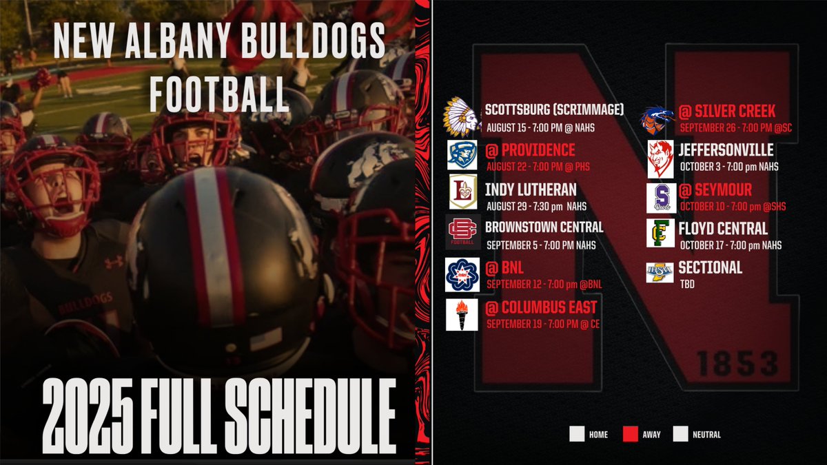 2025 New Albany Football schedule is released.  4 new opponents lined up this season.  All-sports passes will be sold.  More information in the coming weeks. Go Dogs!!