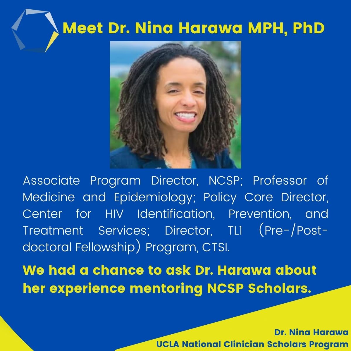 National CSP (@nationalcsp) on Twitter photo Meet Dr. Nina Harawa, MPH, PhD, Prof of Medicine and Epidemiology. Nina discusses her experience as an <a href="/NCSP_UCLA/">NCSP at UCLA</a> mentor and provides advice for prospective candidates. #ApplyNCSP Application now open! nationalcsp.org/apply Meet Dr. Nina Harawa, MPH, PhD, Prof of Medicine and Epidemiology. Nina discusses her experience as an <a href="/NCSP_UCLA/">NCSP at UCLA</a> mentor and provides advice for prospective candidates. #ApplyNCSP Application now open! nationalcsp.org/apply