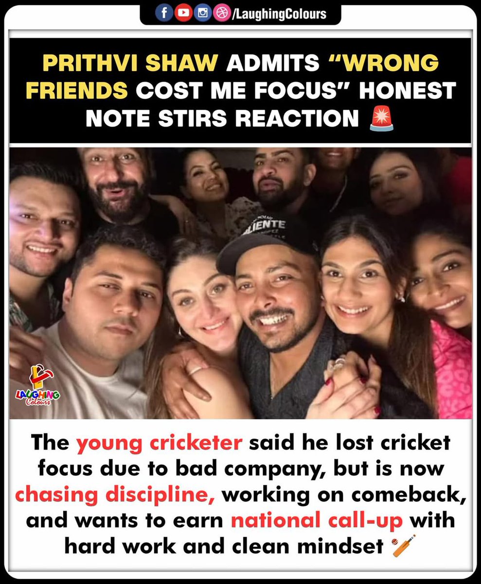 LaughingColours's tweet image. Focus lost, lesson learnt 🧠

#PrithviShaw #DisciplineOverDistraction #CricketComeback #GrowthMindset #LifeChoices #SportsJourney