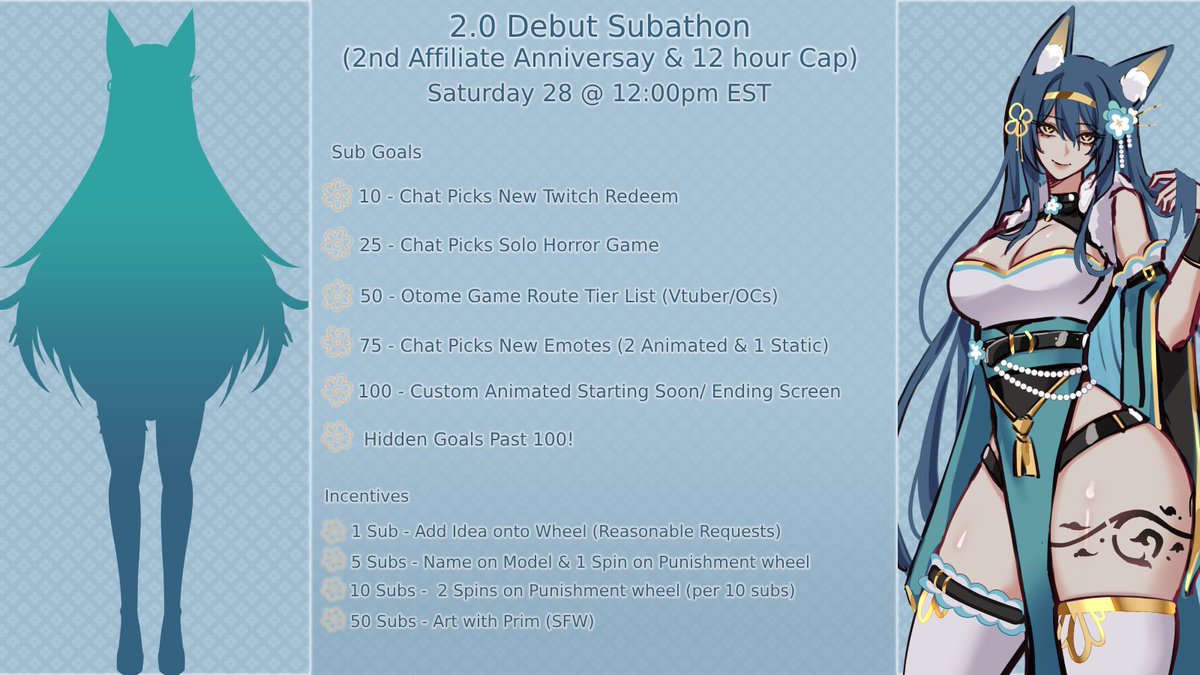 🌸2.0 Debut Subathon Announcement!🌸

2nd affiliate anniversary &amp; 2.0 model debut!! Let's have a fun little stream!

📅 Saturday 28th
🕛 12pm EST - 12 Hour Cap