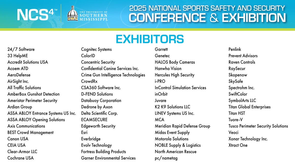 The NCS⁴ team would like to thank our exhibitors for their partnership and support of the 16th Annual National Sports Safety and Security Conference &amp; Exhibition in San Antonio. Visit the website to learn more: cvent.me/b448Xl?RefId=E…