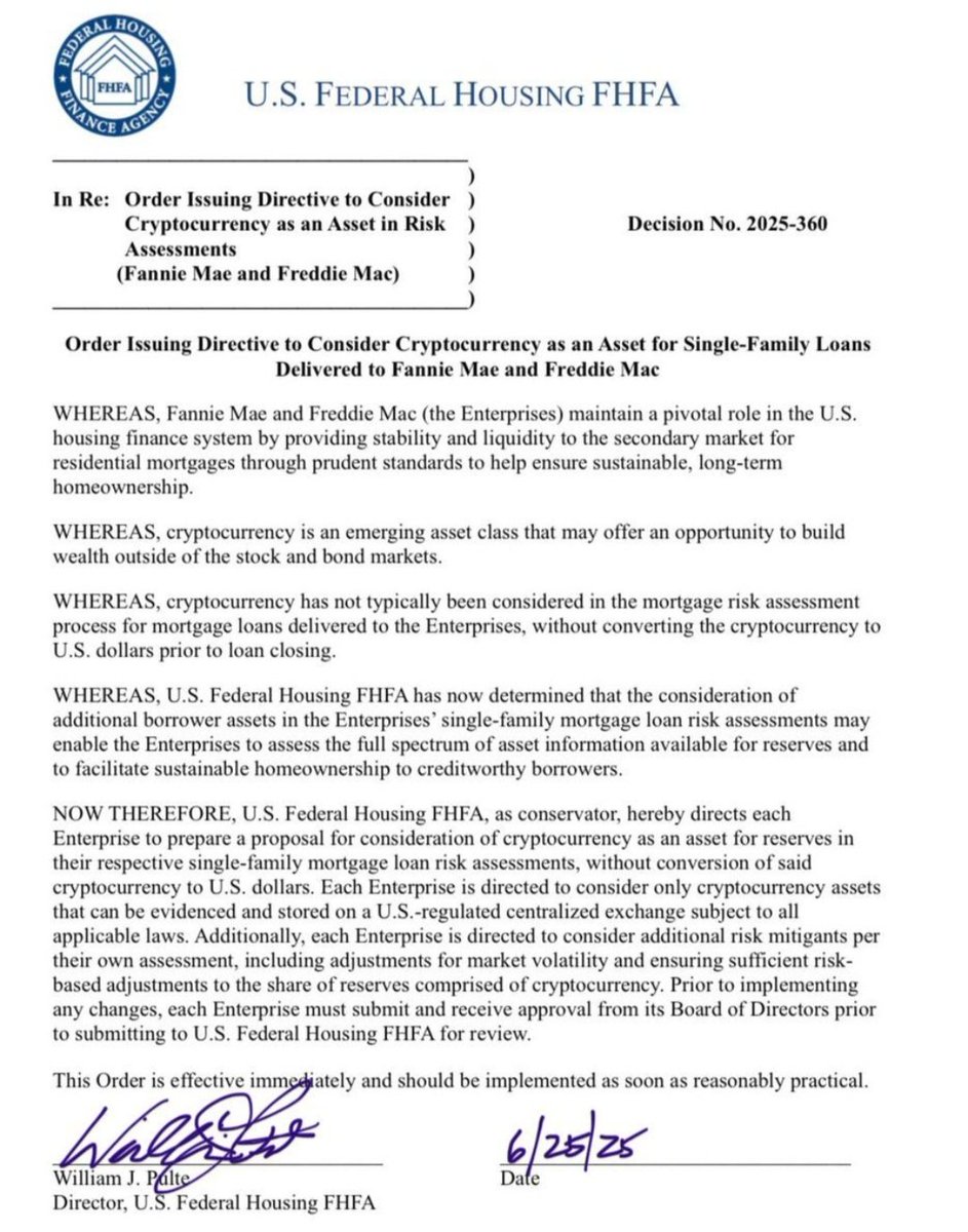 🚨JUST IN: Fannie Mae and Freddie Mac have been ordered by the <a href="/FHFA/">U.S. Federal Housing (FHFA)</a> to consider #crypto as a #mortgage asset.