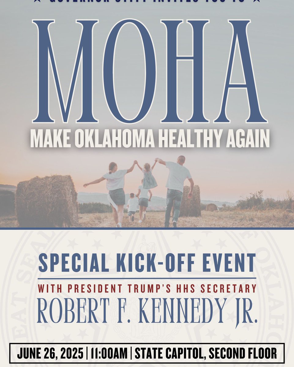 okhprbears's tweet image. 📣Breaking! Are you ready to MOHA? 

Oklahoma Gov. Kevin Stitt announced he will join the HHS secretary for a news conference to kickstart the "Make Oklahoma Healthy Again" campaign on Thursday at 11am, 2nd floor, OK State Capitol.

Stitt said the campaign will promote…