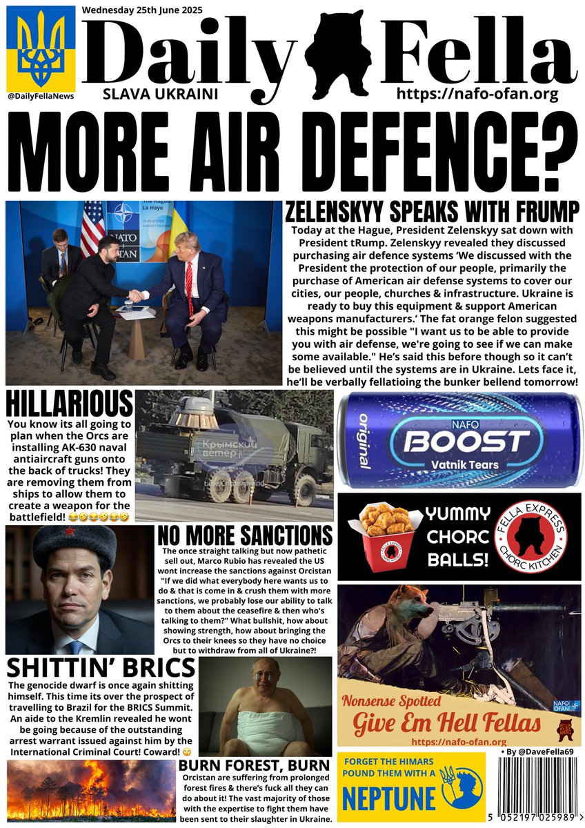 It’s the time again, Daily Fella time. Read about Zelenskyy &amp; tRumps talk at The Hague, russia franken-weapons &amp; Putin’s too scared to travel to Brazil!

#DailyFella #DailyFellaNews #SlavaUkraini #NAFO