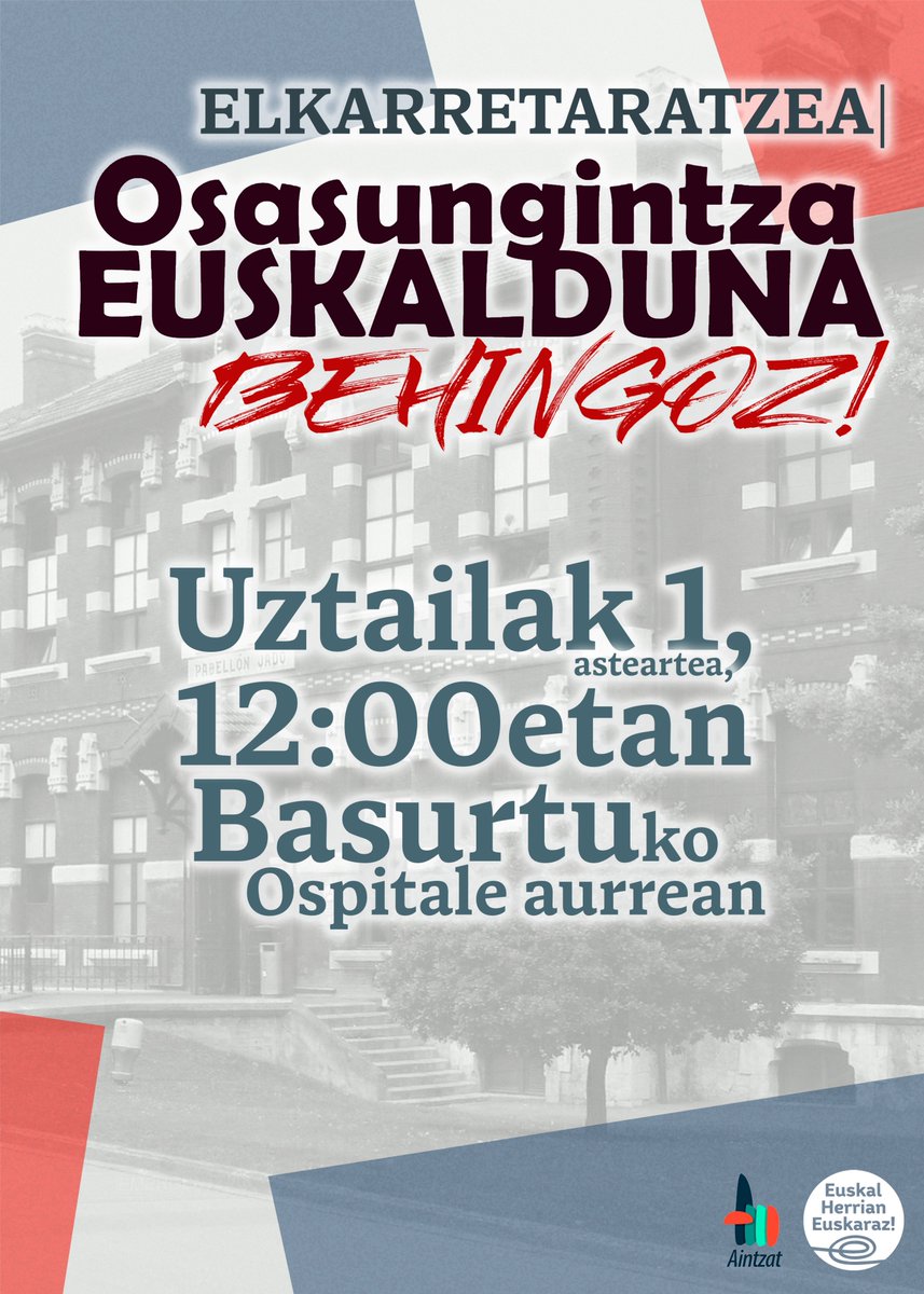 Kalitatezko osasun-sistema bermatzeko
osasungintza euskalduntzea 
ezinbesteko dugulako,
datorren asteartean,
uztailaren 1ean, 
elkarretaratzea egingo dugu!

#OsasungintzaEuskaldunaBehingoz