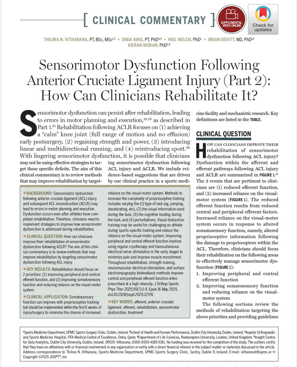 enda_king's tweet photo. Massive congratulations to @Thilina_Physio on this double publication in @JOSPT with in depth review of Assessment (part 1) and Rehabilitation (Part 2) of sensorimotor dysfunction after #ACL injury as part of his Phd work in the area.

Identifying and targeting sensorimotor deficits is required throughout the rehab process and is multifactorial and multifacted and this review highlights the clinically applicable strategies - not all about standing on one foot and closing your eyes!!!

This is a great review for you to compare your practice against to see where there are areas for development in your practice

Massive congrats T and to all the co-authors @SSCSantry  @nwconditioning Kieran Moran @DevittBrian and very excited to see the follow on work published in the near future