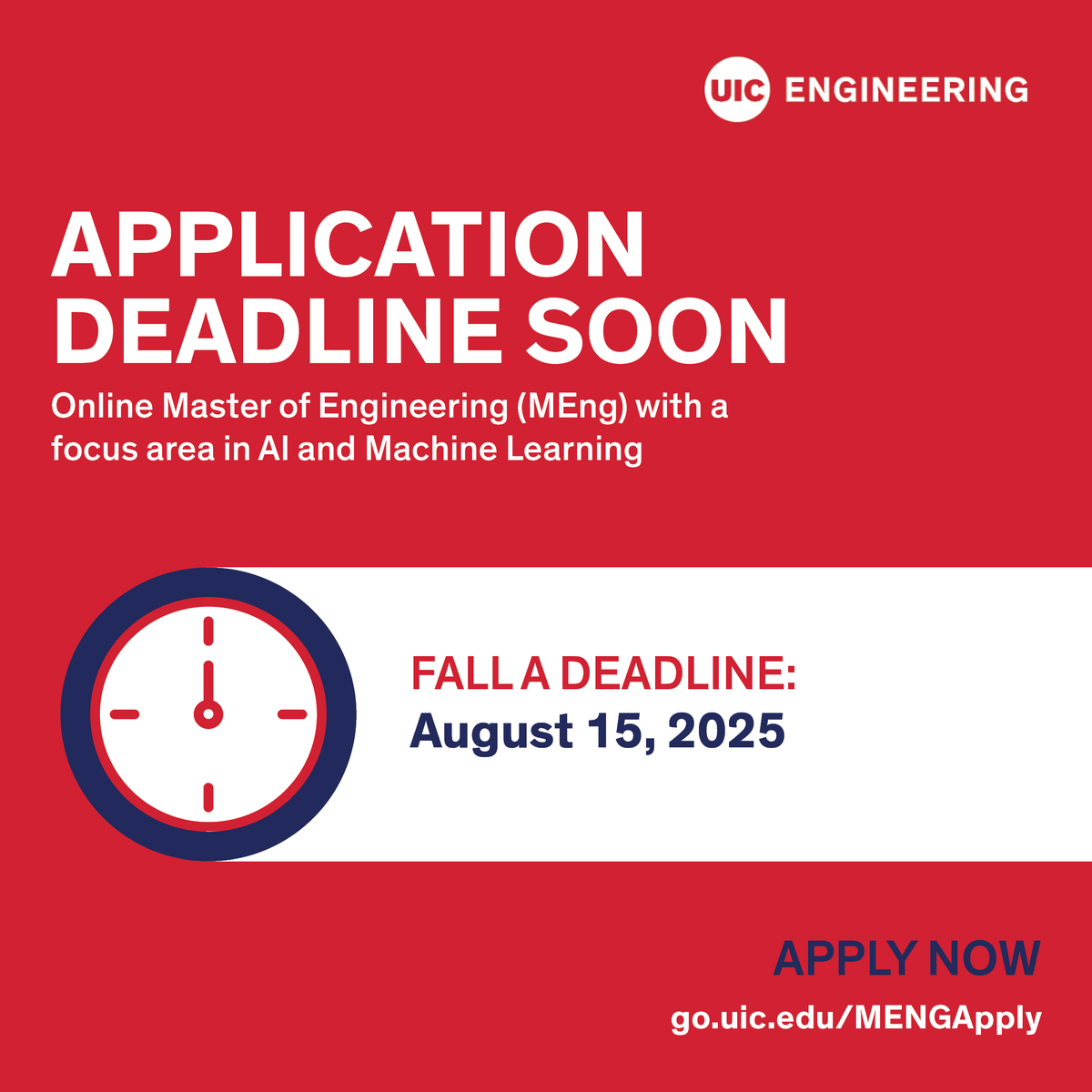 UICEngineering's tweet image. The Online MEng Fall A 2025 Application Deadline is August 15! Get started on your application today and move one step closer to advancing your career.
Start your application: go.uic.edu/MENGApply