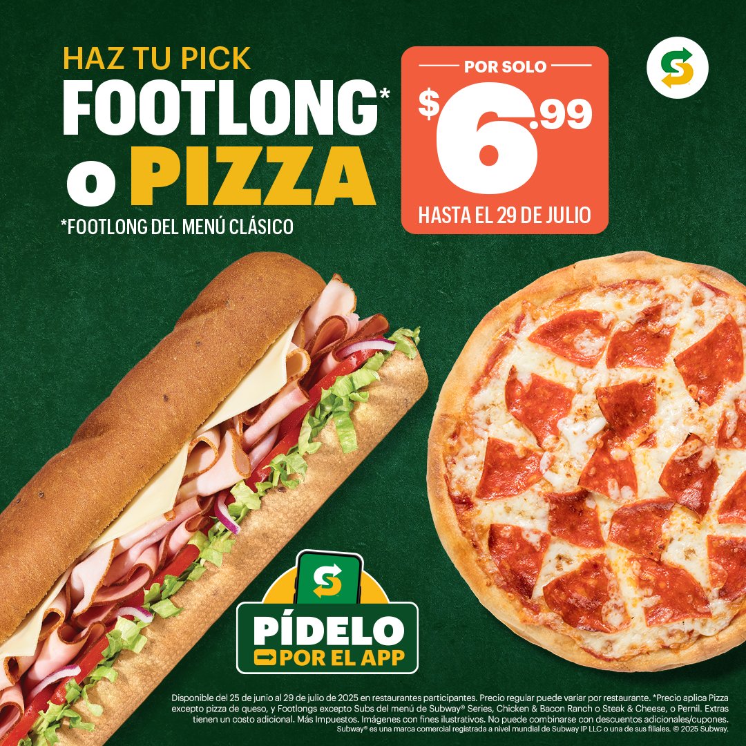 ¿Footlong 🥖 o pizza 🍕? ¡Por solo $6.99, elige tu favorito y disfruta en tu restaurante Subway!
Detalles de la oferta: subway.com/es-pr/legal/pr…