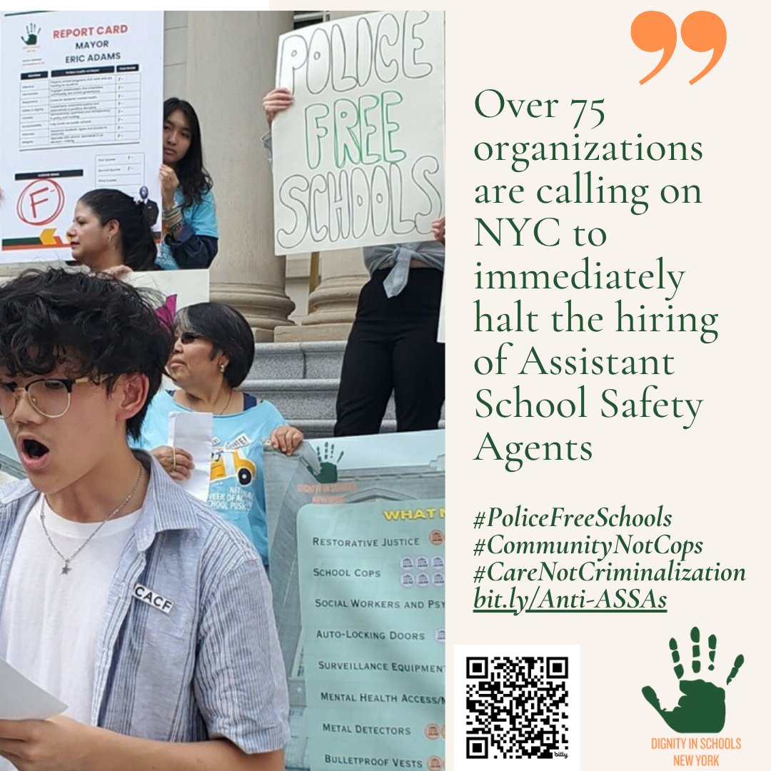 Over 75 organizations are calling on NYC to immediately halt the hiring of Assistant School Safety Agents. #PoliceFreeSchools #CommunityNotCops #CareNotCriminalization
bit.ly/Anti-ASSAs
