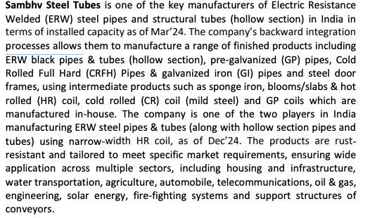 SSage82827's tweet image. 2/🏭 Business Overview
1) ERW black pipes, hollow sections, GP/GI pipes, CRFH &amp;amp; steel door frames
2) Applications: infra, housing, telecom, oil &amp;amp; gas, solar
3) Full backward integration: sponge iron → finished pipes
#SambhvSteel #SteelTubes #StructuralTubes #TubeManufacturing