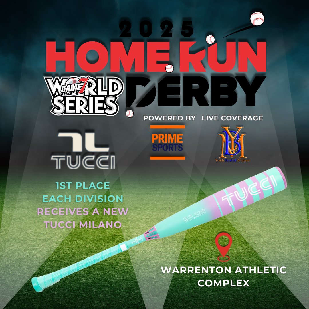 prime_mw's tweet photo. ๐ฃ Itโs Derby time!
2025 Game 7 World Series HR Derby
๐๏ธ Thurs 6/26 | 7PM
๐ Warrenton Athletic Complex
๐ฅ Live coverage on @YBM_cast
๐ Winners take home a TUCCI Milano bat!
Powered by Prime Sports MW & @tucci_limited
#HRDerby2025 #Game7Baseball #YBMlive https://t.co/WHW6h7oLaK