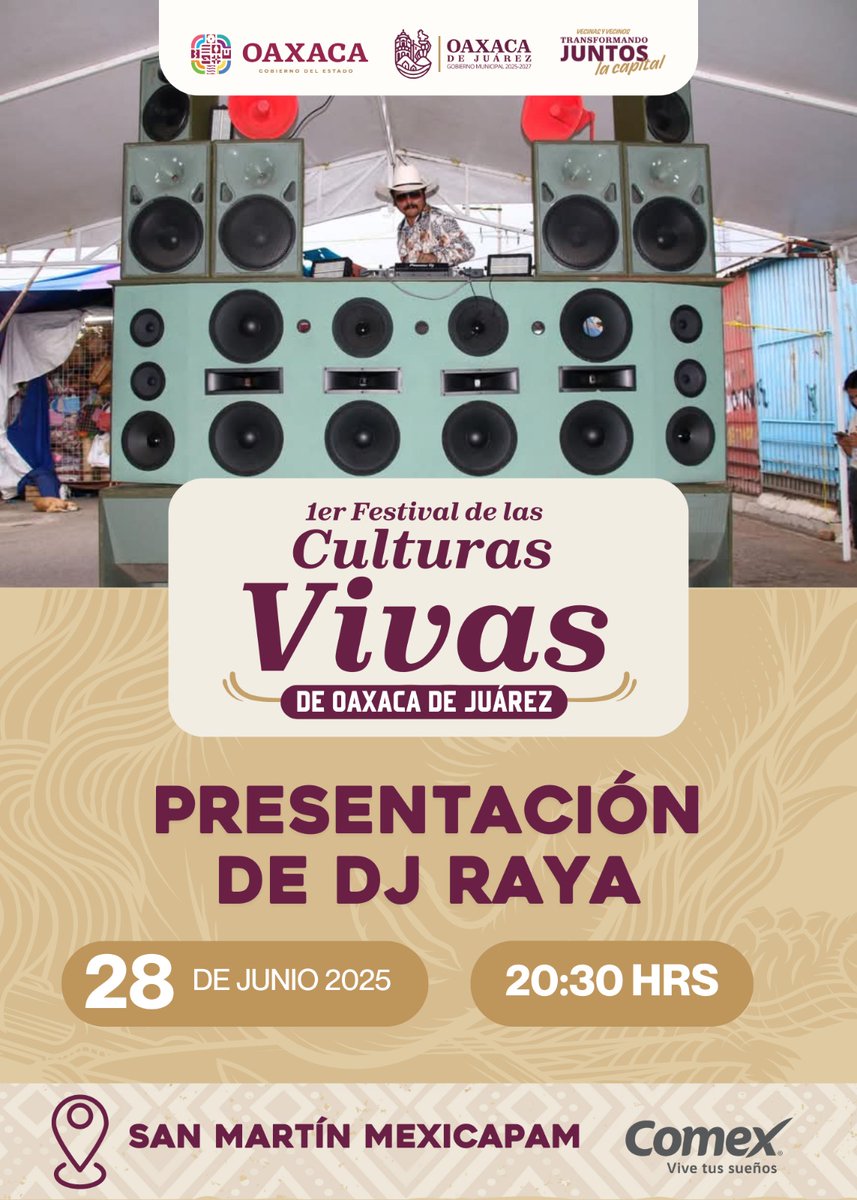 🎧 ¡Festival de las Culturas Vivas! 🎉

Este 28 de junio prepárate para disfrutar de una noche llena de ritmo, ambiente y mucha energía con la presentación de DJ Raya, quien pondrá a bailar a toda San Martín Mexicapam. 🔊💃🏽🕺🏽

🕗 Hora: 20:30 h
📍 San Martín Mexicapam