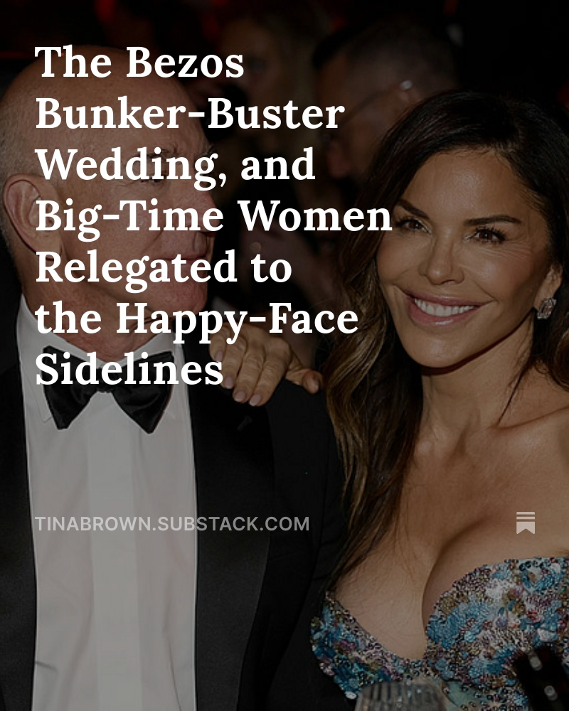 TinaBrownLM's tweet image. Not invited to the Bezos-Sanchez wedding? Console yourself on Substack’s Fresh Hell with my take on the upcoming Venice-sinking nuptials.
tinabrown.substack.com/p/the-bezos-bu…📷