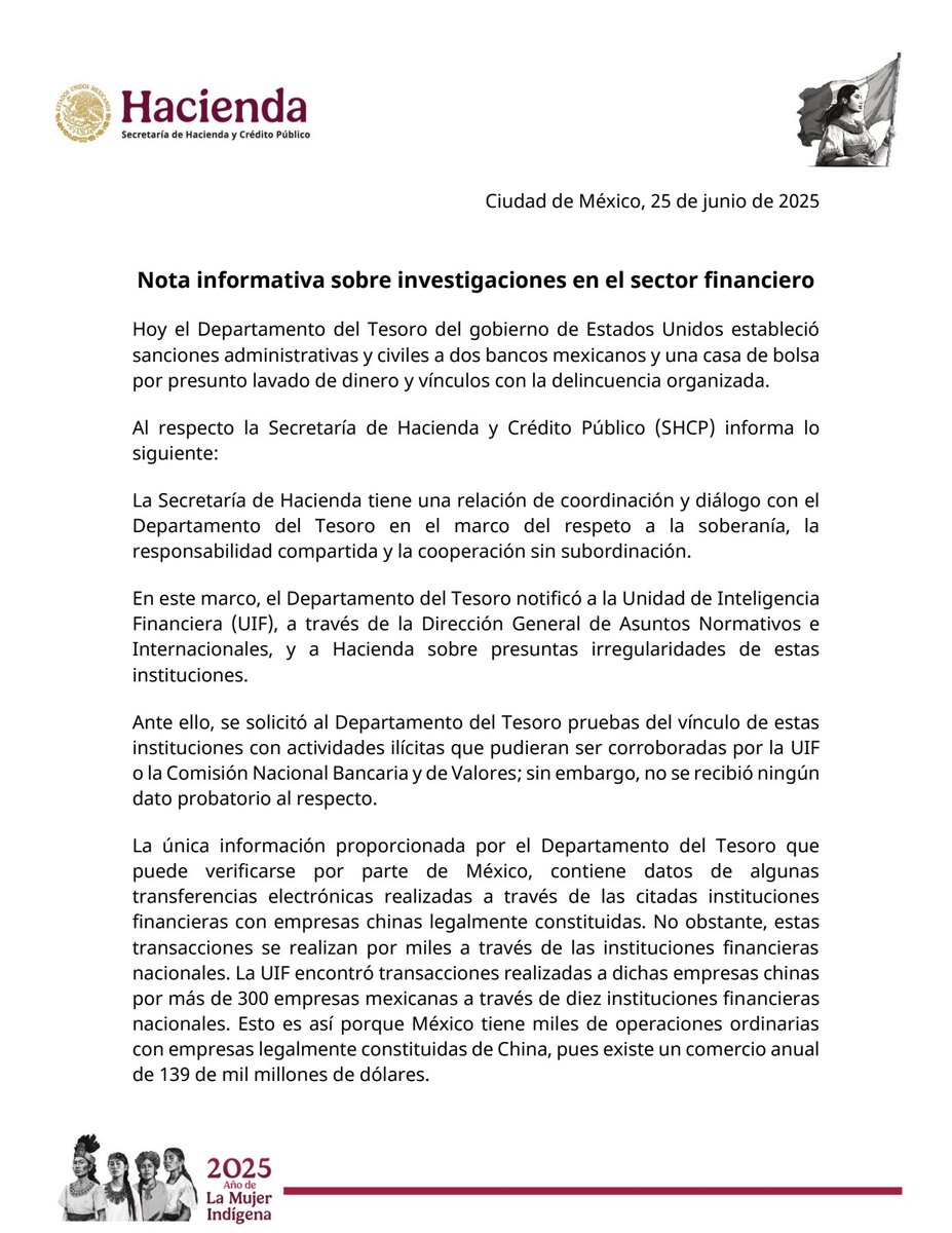 Hacienda_Mexico's tweet photo. Nota informativa sobre investigaciones en el sector financiero.

https://t.co/BJk6lZEgAO

#ComunicadoHacienda https://t.co/K8bkmLXIWe