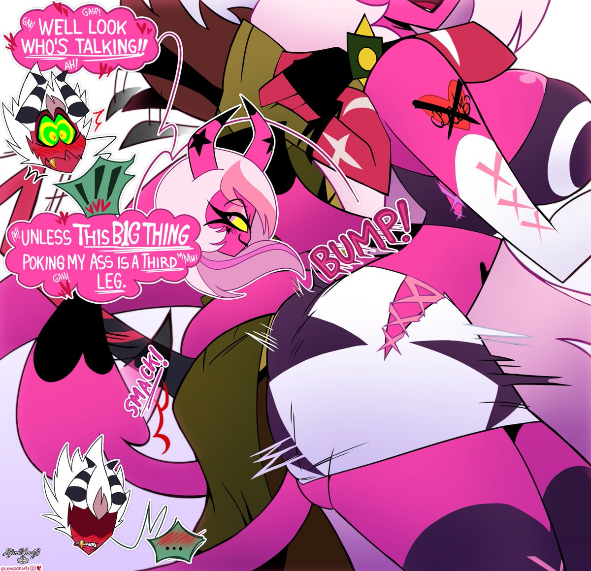 CorazonArts's tweet image. There are times #Aless gets feed up with #Verosika&apos;s antics and this is one of them. Sadly though, it&apos;s hard to give her a much needed reprimand.
Color by @SebVelaz 
Line + effects by me.
1/2
#Helluvaboss #Hellaverse #HelluvaBossFanart #Slayday #impsona #VerosikaMayday #fanart