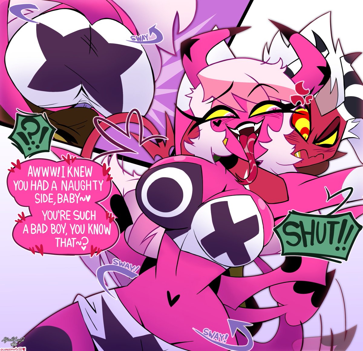 Corazon 💖 (@corazonarts) on Twitter photo There are times #Aless gets feed up with #Verosika's antics and this is one of them. Sadly though, it's hard to give her a much needed reprimand.
Color by <a href="/SebVelaz/">Mexican64 (More active on 🩵☁️)</a>
Line + effects by me.
1/2
#Helluvaboss #Hellaverse #HelluvaBossFanart #Slayday #impsona #VerosikaMayday #fanart There are times #Aless gets feed up with #Verosika's antics and this is one of them. Sadly though, it's hard to give her a much needed reprimand.
Color by <a href="/SebVelaz/">Mexican64 (More active on 🩵☁️)</a>
Line + effects by me.
1/2
#Helluvaboss #Hellaverse #HelluvaBossFanart #Slayday #impsona #VerosikaMayday #fanart