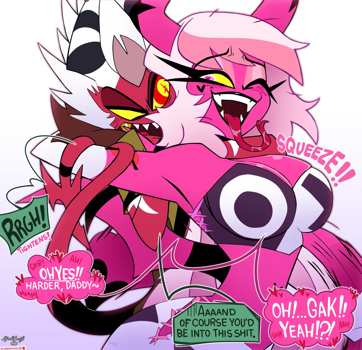 CorazonArts's tweet image. There are times #Aless gets feed up with #Verosika&apos;s antics and this is one of them. Sadly though, it&apos;s hard to give her a much needed reprimand.
Color by @SebVelaz 
Line + effects by me.
1/2
#Helluvaboss #Hellaverse #HelluvaBossFanart #Slayday #impsona #VerosikaMayday #fanart