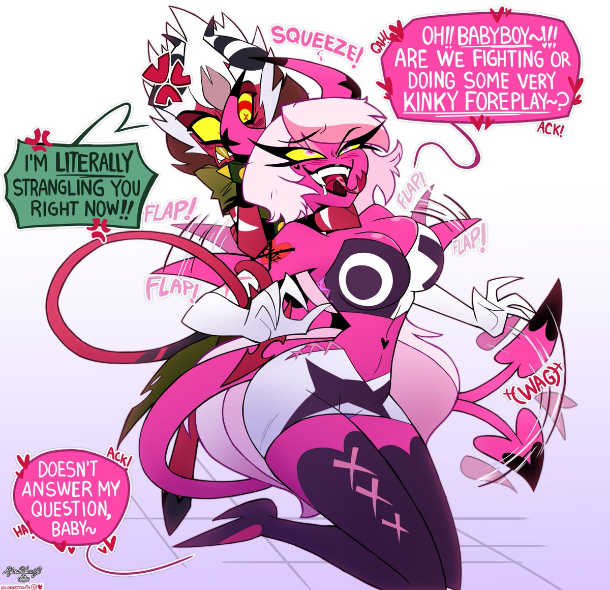 CorazonArts's tweet image. There are times #Aless gets feed up with #Verosika&apos;s antics and this is one of them. Sadly though, it&apos;s hard to give her a much needed reprimand.
Color by @SebVelaz 
Line + effects by me.
1/2
#Helluvaboss #Hellaverse #HelluvaBossFanart #Slayday #impsona #VerosikaMayday #fanart