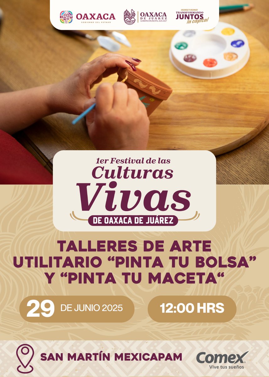🎨 ¡La creatividad también florece en las Culturas Vivas! 🌼👜Este 29 de junio, trae a tu familia y participa en los talleres de arte utilitario “Pinta tu bolsa” y “Pinta tu maceta”, donde podrás dar vida y color a objetos cotidianos con tu propio estilo. 🖌️✨🕛