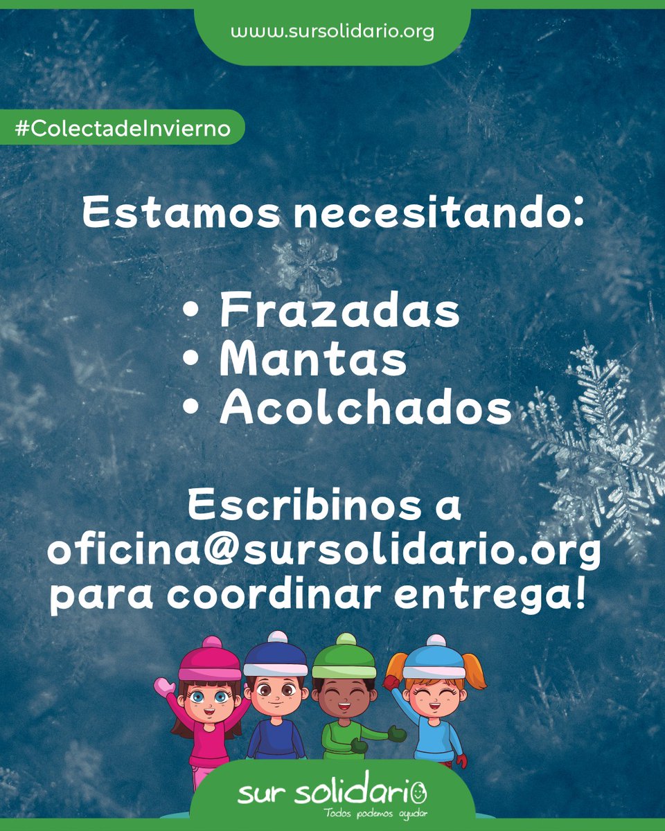 Sur Solidario (@sursolidario) on Twitter photo Todavía no te sumaste a nuestra #ColectadeInvierno? Estamos recibiendo donaciones de mantas, frazadas y acolchados, en buen estado, limpia y rotulada ¡Contamos con vos! Escribinos para coordinar entrega por inbox o a oficina@sursolidario.org
#Invierno2025 #TodosPodemosAyudar💚 Todavía no te sumaste a nuestra #ColectadeInvierno? Estamos recibiendo donaciones de mantas, frazadas y acolchados, en buen estado, limpia y rotulada ¡Contamos con vos! Escribinos para coordinar entrega por inbox o a oficina@sursolidario.org
#Invierno2025 #TodosPodemosAyudar💚