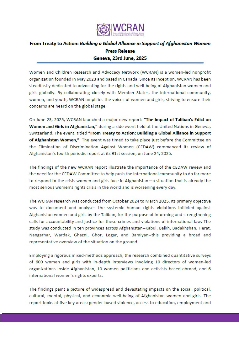 WCRAN_ORG's tweet image. WCRAN presented its latest research findings and recommendations at the “From Treaty to Action: Building a Global Alliance in Support of Afghanistan Women” event, held on June 23, 2025, during the 59th session of the UN Human Rights Council. This presentation took place a day…