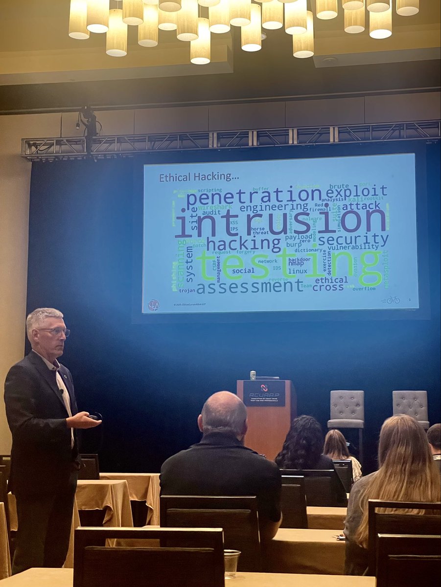 Interesting information on penetration testing from @randyromes of @claconnect at the ACUARP Insight Summit in San Antonio today. #governance #compliance #riskmanagement
