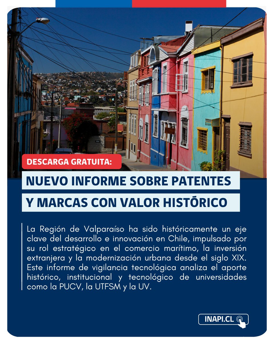 👩🏻‍💻 En nuestro nuevo Informe de Vigilancia Tecnológica N°46, exploramos un fascinante recorrido por la Región de Valparaíso a través de documentos de propiedad industrial que han marcado hitos en la identidad local.

📘 Accede al documento completo aquí: inapi.cl/docs/default-s…