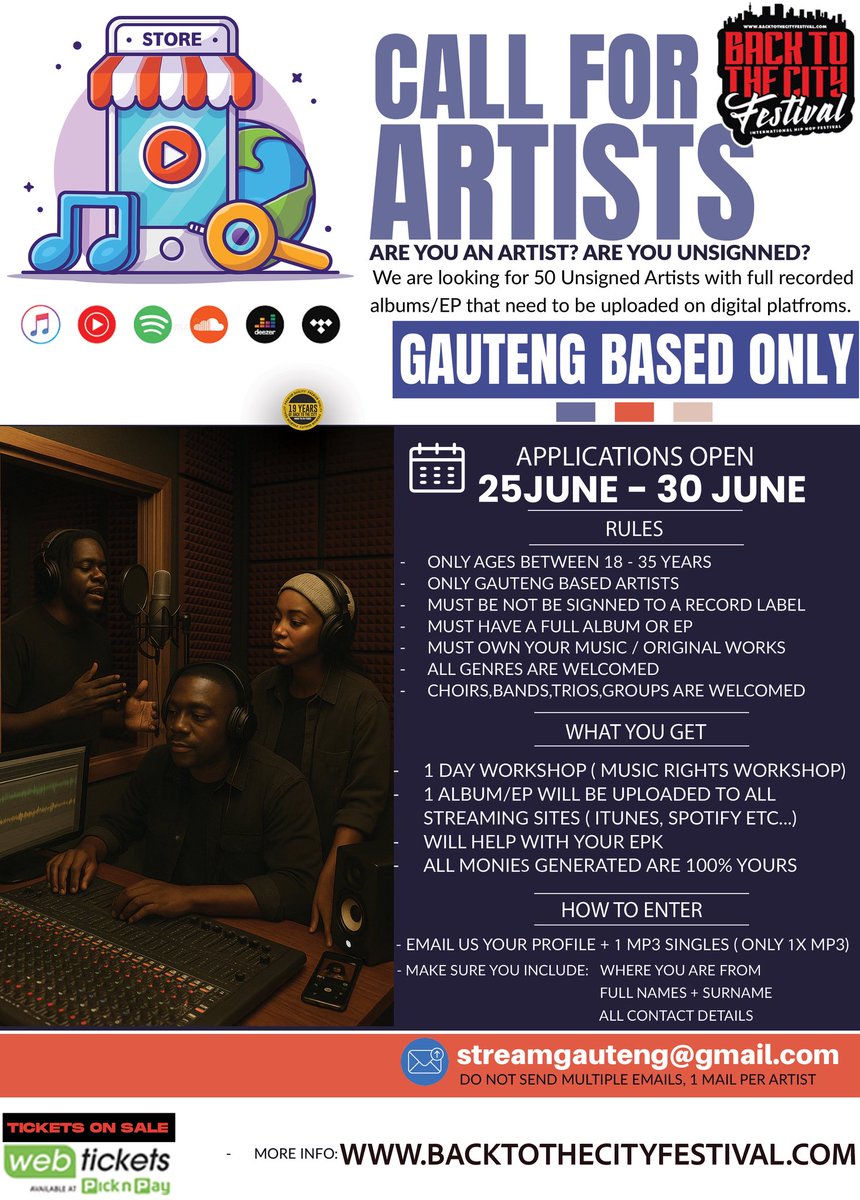 🎤 CALLING ALL UNSIGNED ARTISTS IN GAUTENG! 🎶
Are you sitting on a full album or EP that deserves the world’s ears? This is YOUR MOMENT!
We're selecting 50 independent artists to get their music uploaded to all major streaming platforms (Apple Music, Spotify, Tidal, and more) —