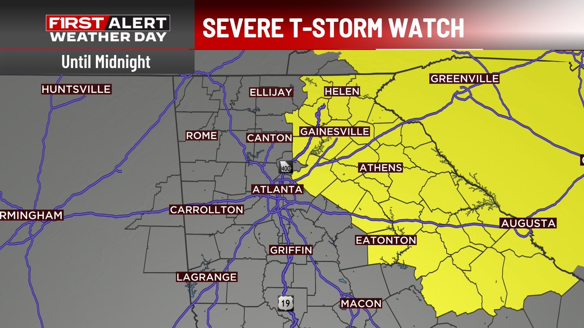 A severe thunderstorms watch has been issued for east-central Georgia, including northeast metro #ATL, until midnight. Greatest #severe threat will be damaging straight-line winds, with gusts over 75mph possible with the strongest storms. #GAwx #severestorms #severeweather