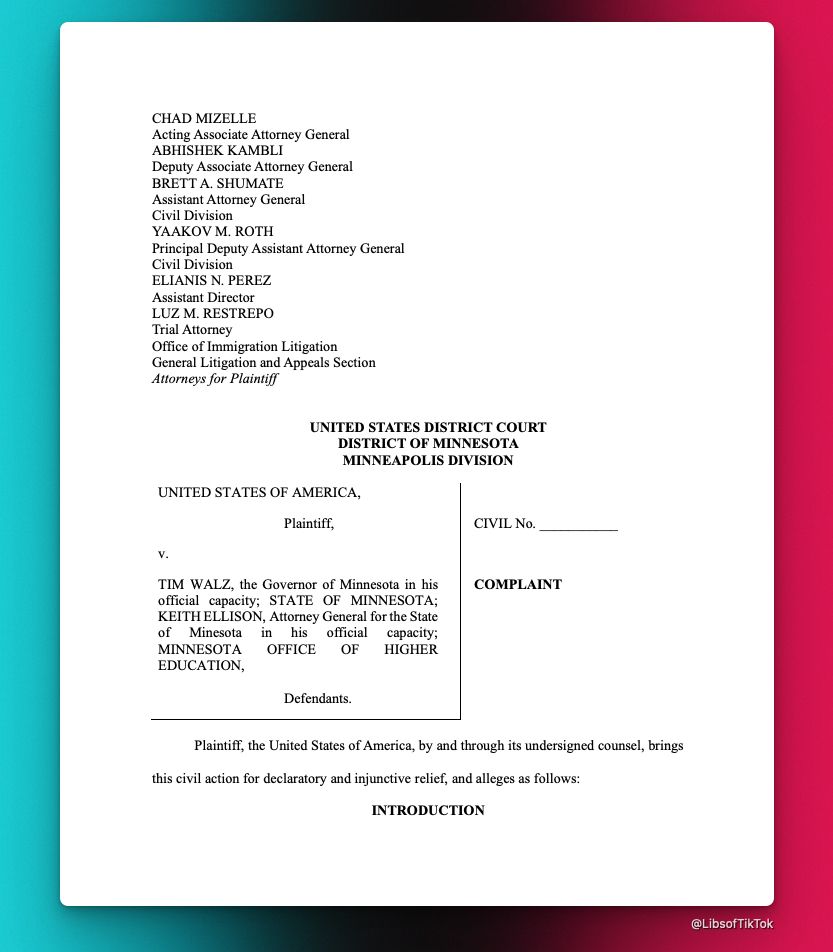 BREAKING: DOJ has filed a Complaint against Tim Walz for Minnesota Laws providing in-state tuition benefits for illegal aliens

“The Department of Justice just won on this exact issue in Texas, and we look forward to taking this fight to Minnesota in order to protect the rights
