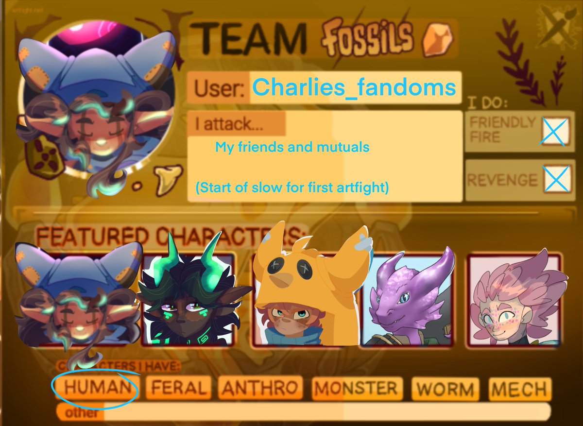 chareike's tweet image. Tadaa!!!🎉

artfight.net/~Charlies_fand…

I’m trying artfight this year yippie! 
I will do my best to join this!
#artfight2025 #artfightteamfossils