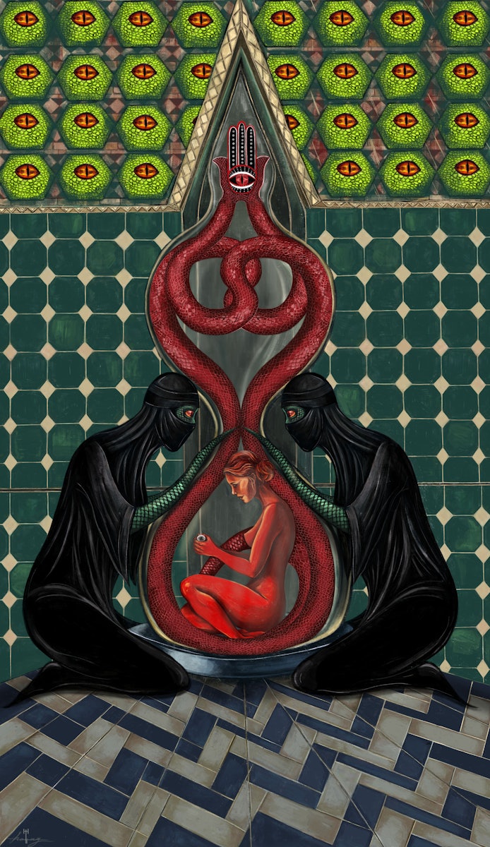 In the coil of serpents,
a woman sinks into the silence of awareness.
She holds an eye...
not to see,
but to remember.
She is no victim,
nor a hero;
merely the last bearer of a gaze
that entrusted itself to her
before being forgotten...