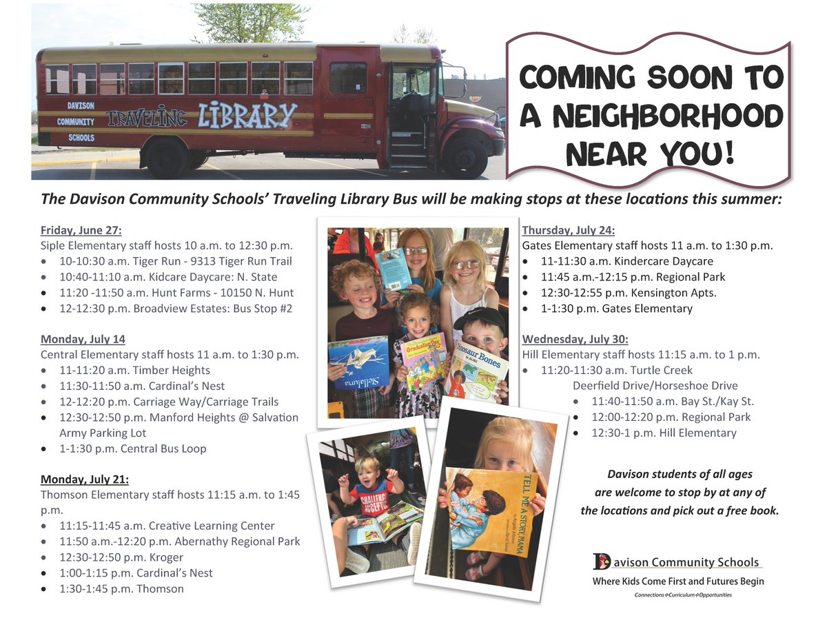 The Davison Community Schools' Traveling Library Bus will be visiting area neighborhoods this summer. First stop is this Friday, June 27, 2025.