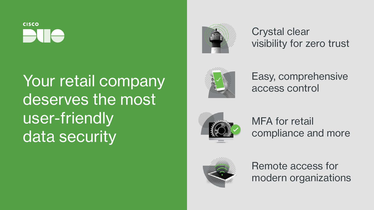 Retail moves fast, and so do the #cybersecurity challenges that come with it.

But we've got you! 

See how Duo’s easy-to-use data security tools ease the burden of busy IT staff, employees, and vendors, all while keeping them safe and in compliance 🔗 cs.co/60144eJ3Y