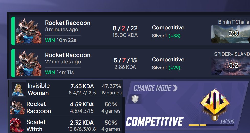 sandboxcode's tweet image. Finally breached Gold 3! I'm not the best Rivals player with barely 50% WR on my top heroes. This season I decided to learn Rocket due to his nice team up with Peni Parker. Now I can relax since I just wanted the Gold rank reward