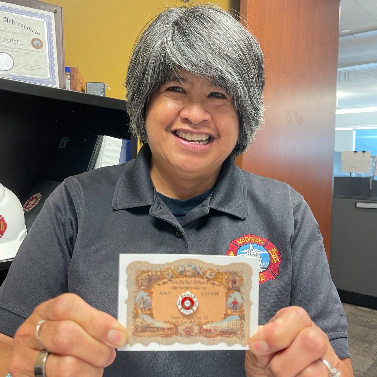 Congrats to Community Education Officer Bernadette Galvez, who earned her 35-year service pin!

Bernadette is the longest-serving member of MFD and is arguably the most well-known. Madison is safer because of Bernadette, and our department wouldn't be the same without her!