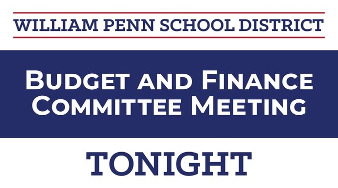 Join us at the Budget &amp; Finance Committee Meeting tonight.

Thursday, June 26, 2025, at 6:30 p.m. via Zoom

Find meeting information, agenda, and the Zoom link here: williampennsd.org/.../board-info…

Zoom information can also be found under "Upcoming Events" here: williampennsd.org