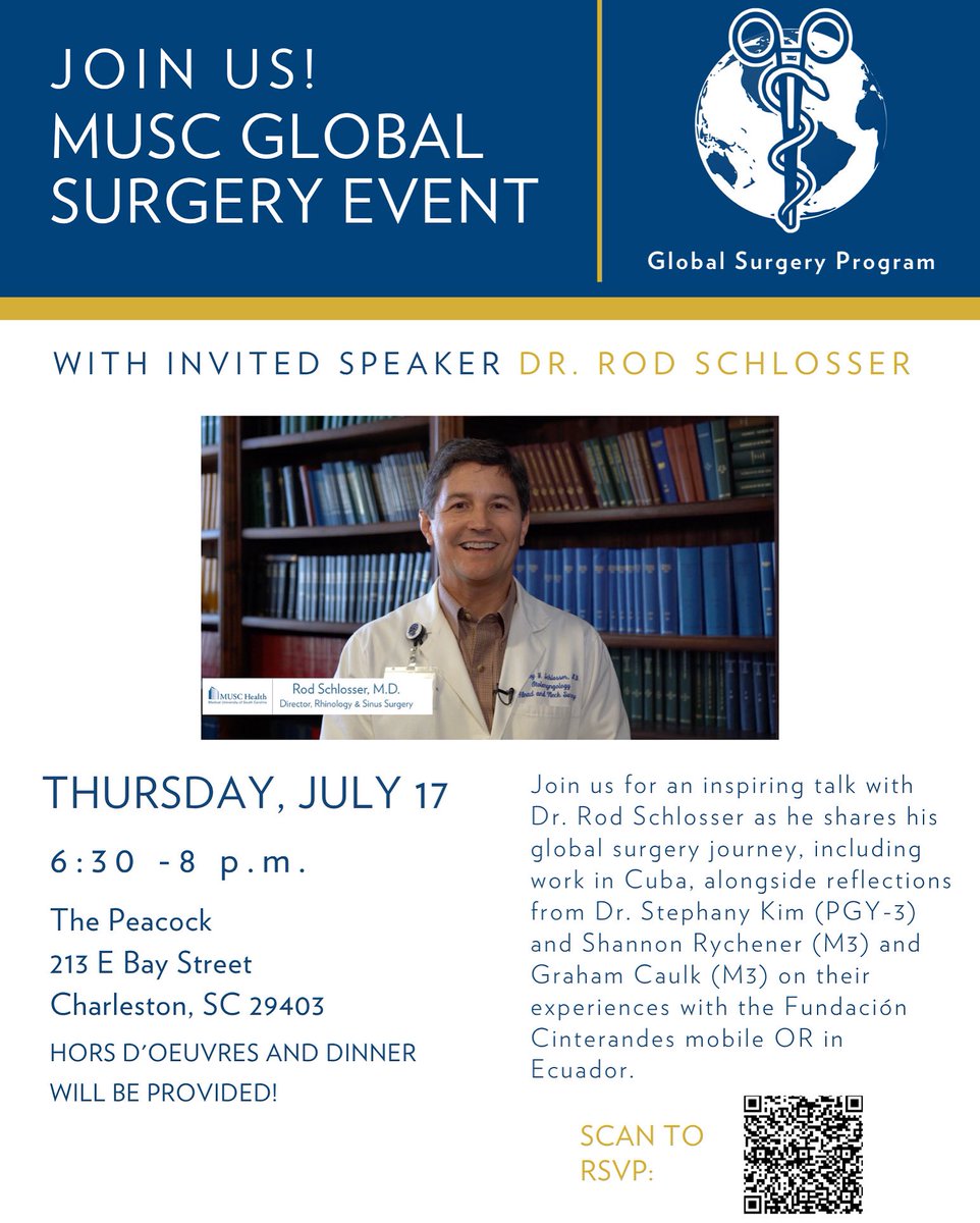 Join us Thurs, July 17 for our next Global Surgery event! Dr. Rod Schlosser will share his work in Cuba, highlighting impact, partnership &amp; purpose. Reflections from Dr. Stephany Kim (PGY-3), Shannon Rychener &amp; Graham Caulk (M3s) on their time in Ecuador with Cinterandes. 🌎🇨🇺🇪🇨