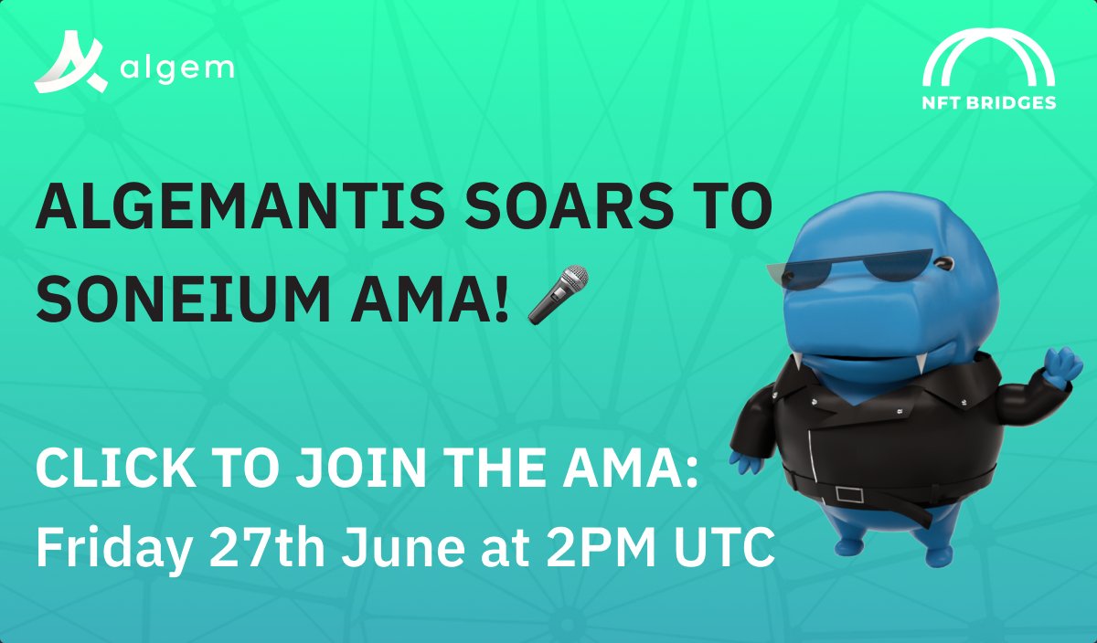 Algem: Liquid Staking and Farming πΏ (@algem_io) on Twitter photo Join <a href="/Algem_io/">Algem πΏ</a> and <a href="/nft_bridges/">NFT Bridges</a> for this major AMA! π
Dragomantis is soaring to Soneium, and it's time for Algem OGs to rally! Dive into the partnership details and discover what this means for our legendary Algemantis Nautilus Pass holders.
π
Date: Friday 27th June 2025
π Join <a href="/Algem_io/">Algem πΏ</a> and <a href="/nft_bridges/">NFT Bridges</a> for this major AMA! π
Dragomantis is soaring to Soneium, and it's time for Algem OGs to rally! Dive into the partnership details and discover what this means for our legendary Algemantis Nautilus Pass holders.
π
Date: Friday 27th June 2025
π
