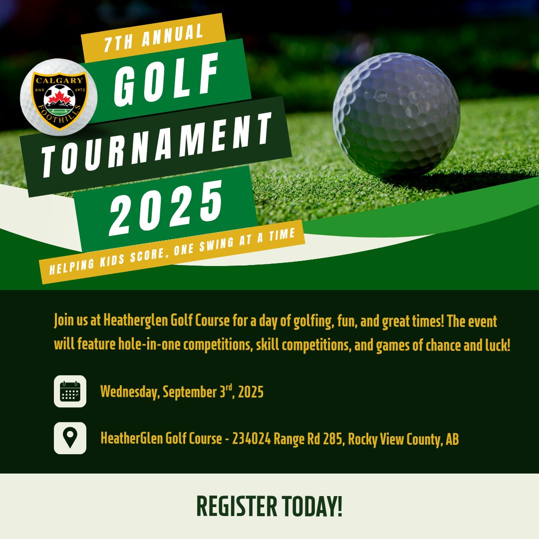 FoothillsSoccer's tweet photo. Golf. Give Back. Make a Difference.

Join us Sept 3 at HeatherGlen for the Foothills Soccer Golf Tourney! ⛳
✔️ Games, prizes &amp; dinner
✔️ Support kids in sport 💚

Spots are limited — sign up now: https://t.co/eVGx7wBUGT

#FoothillsGolf2025 #YYC #GolfForGood https://t.co/KsMJBpTOBv