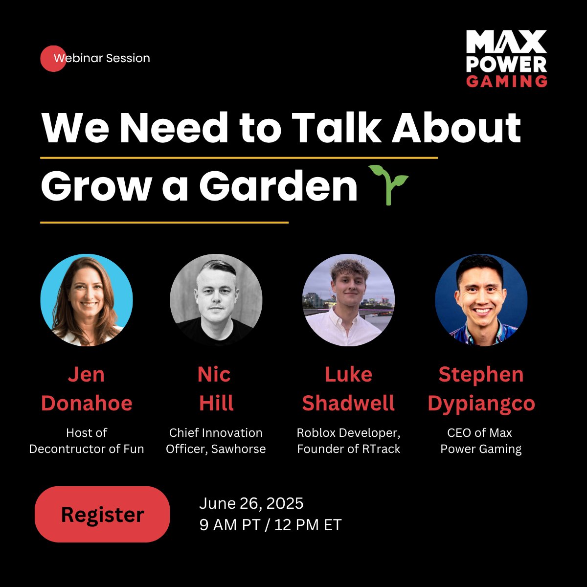 Stephen Dypiangco (@dypiangco) on Twitter photo Live event about Grow a Garden hitting 21M CCU's on <a href="/Roblox/">Roblox</a>
Speakers
Jen Donahoe - <a href="/DeconFun/">Deconstructor of Fun</a> podcast
Nic Hill - <a href="/SawhorseLA/">Sawhorse Productions</a>
Luke Shadwell - <a href="/2Steady4U/">Luke (SteadyOn)</a> <a href="/rtrack_live/">RTrack</a>
Stephen Dypiangco - Max Power Gaming
Register maxpowergaming.co/we-need-to-tal…
#ROBLOX #RobloxDev #GrowaGarden Live event about Grow a Garden hitting 21M CCU's on <a href="/Roblox/">Roblox</a>
Speakers
Jen Donahoe - <a href="/DeconFun/">Deconstructor of Fun</a> podcast
Nic Hill - <a href="/SawhorseLA/">Sawhorse Productions</a>
Luke Shadwell - <a href="/2Steady4U/">Luke (SteadyOn)</a> <a href="/rtrack_live/">RTrack</a>
Stephen Dypiangco - Max Power Gaming
Register maxpowergaming.co/we-need-to-tal…
#ROBLOX #RobloxDev #GrowaGarden