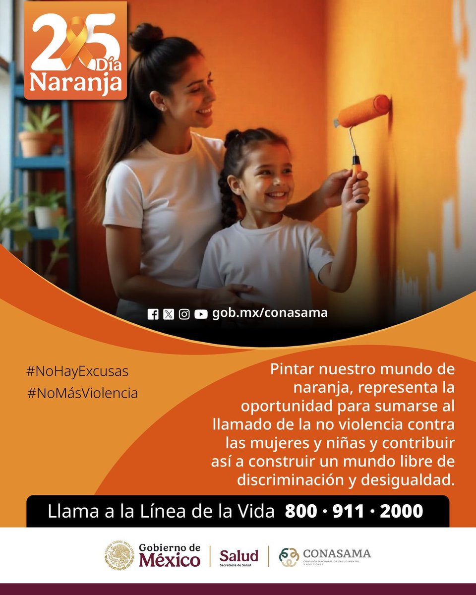25 mayo | Día Naranja
 
En CONASAMA nos sumamos al Día Naranja para visibilizar y actuar frente a todas las formas de violencia contra mujeres y niñas.

Pintar nuestro mundo de naranja simboliza nuestro compromiso con una vida libre de violencia, discriminación y desigualdad.