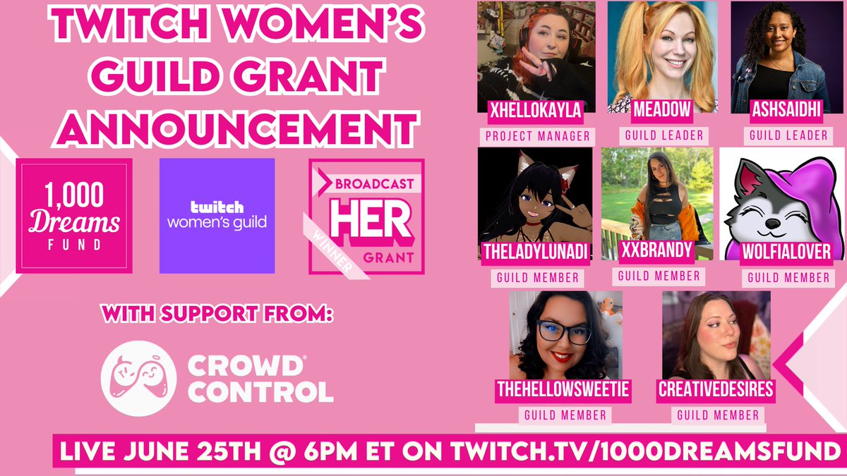 Only TWO more hours until we announce our <a href="/Twitch/">Twitch</a> Women's Guild #BroadcastHER Grant recipients! 🎉

This Spring we teamed up with the #TwitchUnityGuilds on our annual #StreamsForDreams Fundraiser. With over $25,000 raised - these critical funds help fuel the dreams of women &amp;